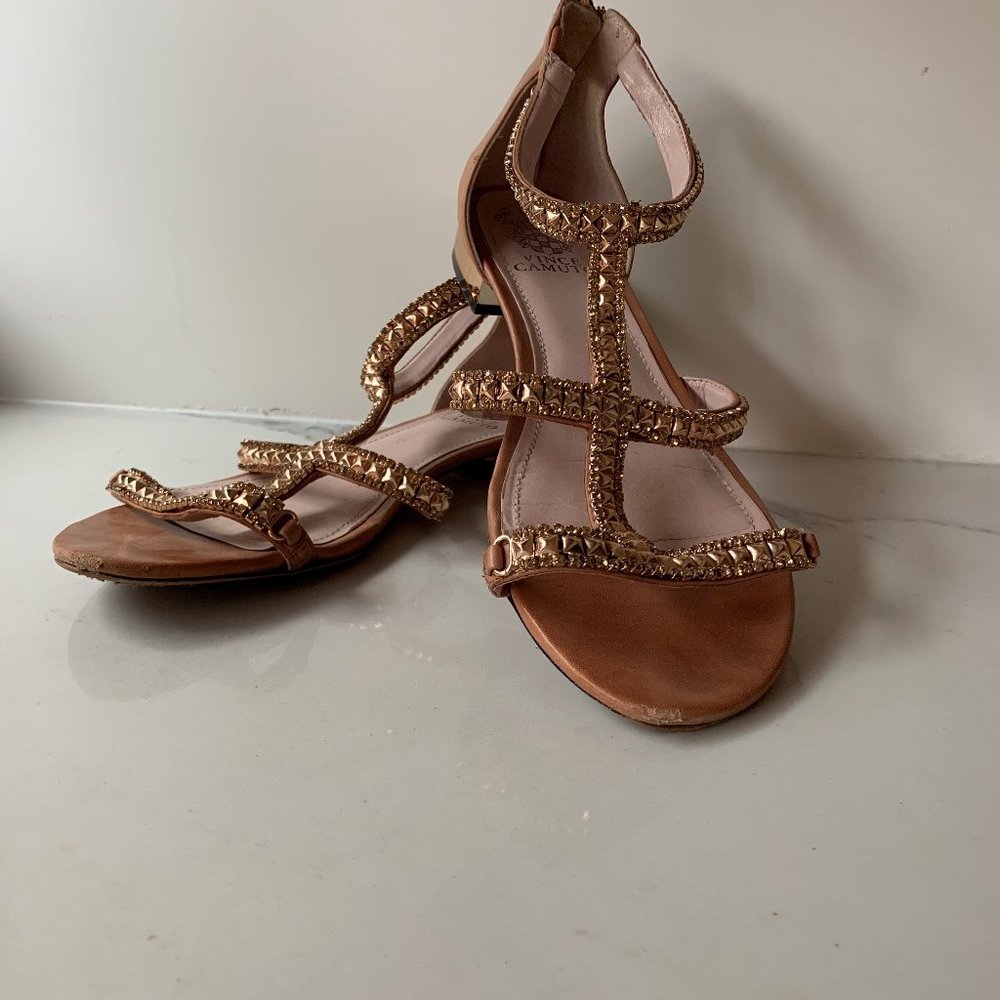 Vince Camuto Brown and Gold Braided T-Strap Flat Sandals